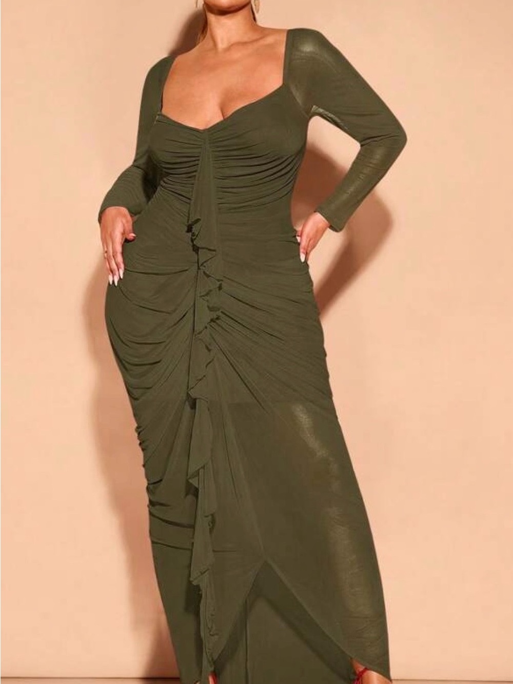 SHEIN Olive Green Asymmetrical Ruched Maxi Dress